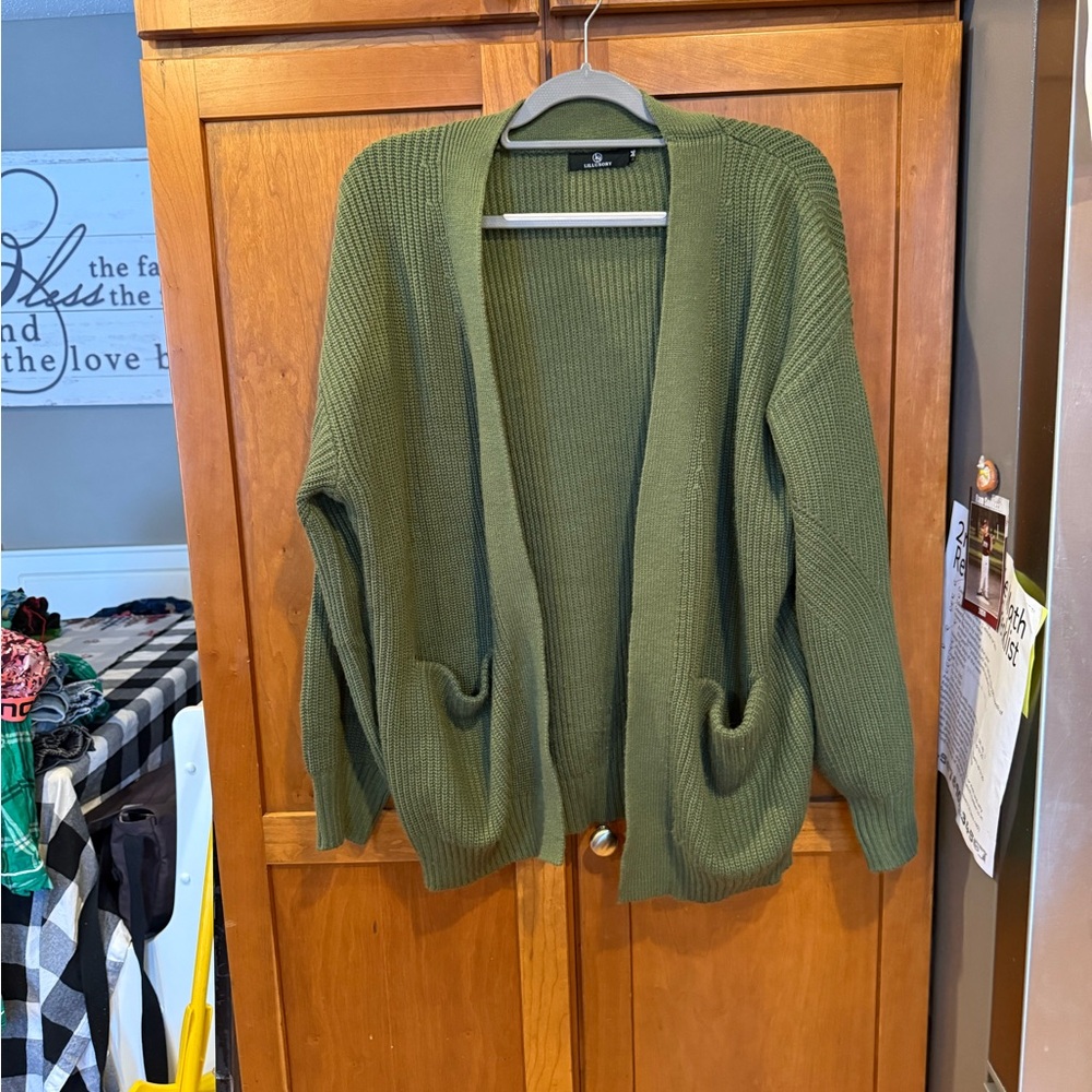 Olive Green Open Front Cardigan Sweater